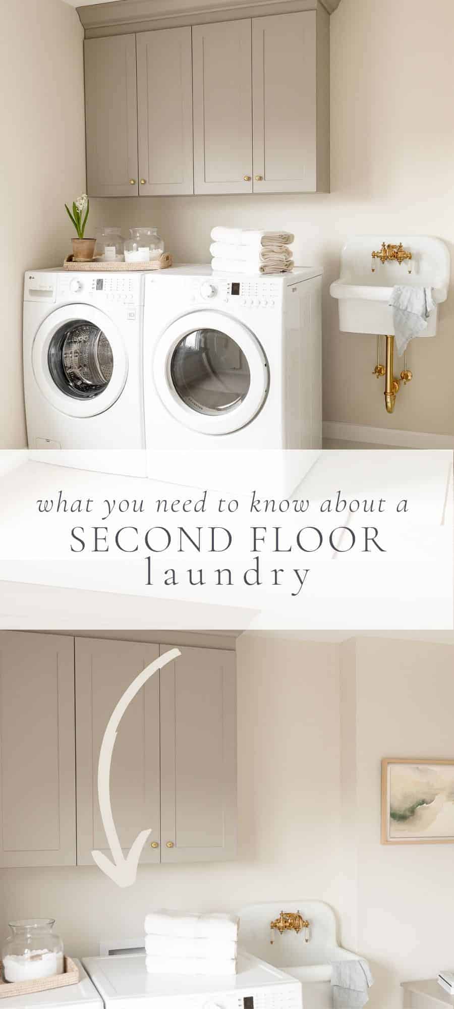 second floor laundry room, overlay text, close up of laundry room organization