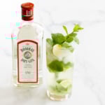 A clear glass full of a gin mojito next to a bottle of Bombay gin.