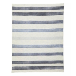 A blue and white striped blanket on a white background, perfect for lake house decor.