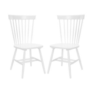 A pair of white dining chairs on a white background perfect for lake house decor.