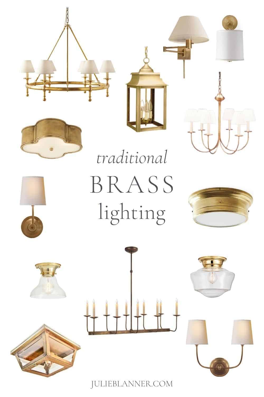 collage of brass chandeliers sconces and flush mounts