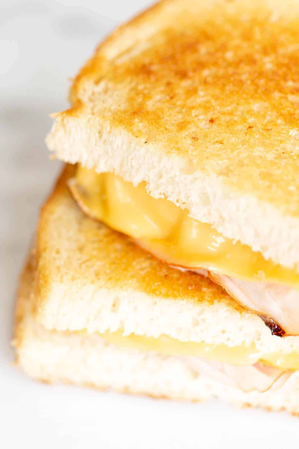 sliced grilled ham and cheese on white bread.