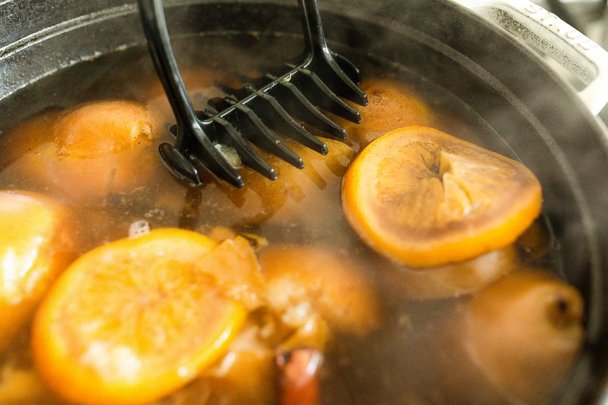 Pear cider in a cast iron pot