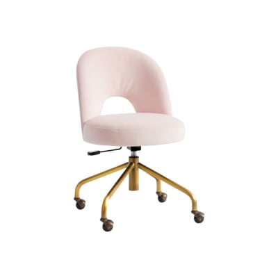 a pink rolling desk chair from Pottery Barn