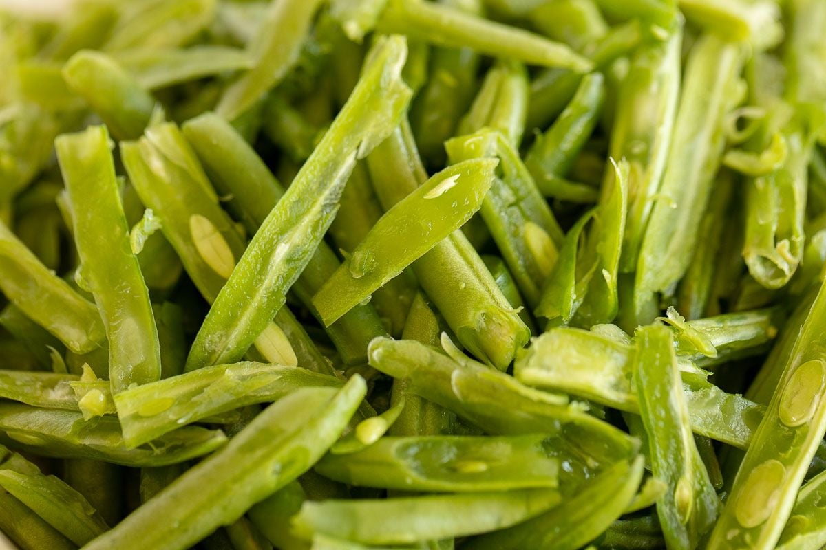 A close up of French cut green beans.