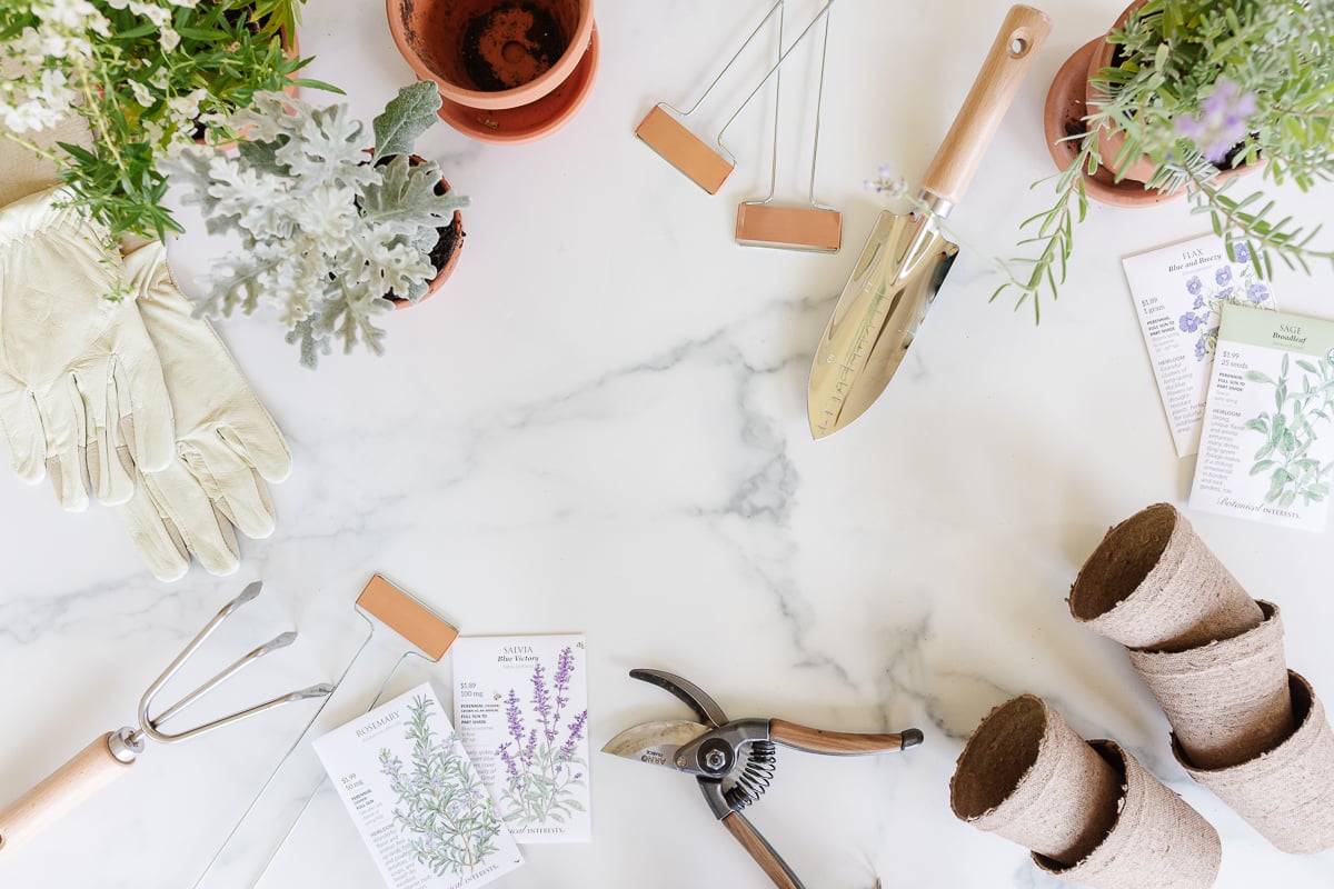 array of gardening tools and accessories on marble