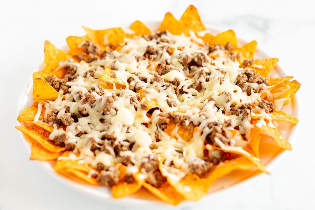 Doritos nachos with ground beef, topped with melted cheese