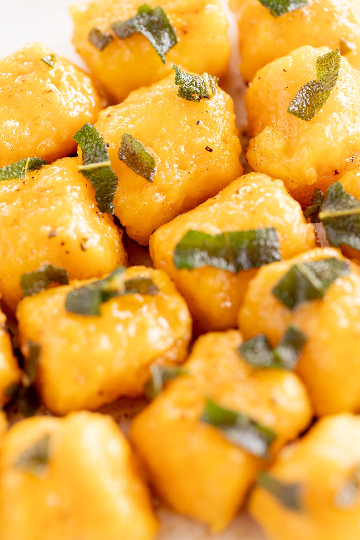 A plate of sweet potato gnocchi on a white plate.