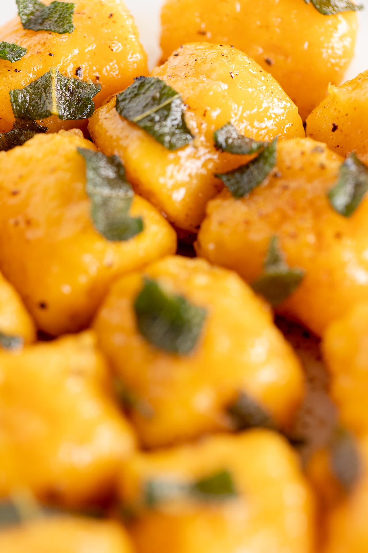 A plate of sweet potato gnocchi on a white plate.