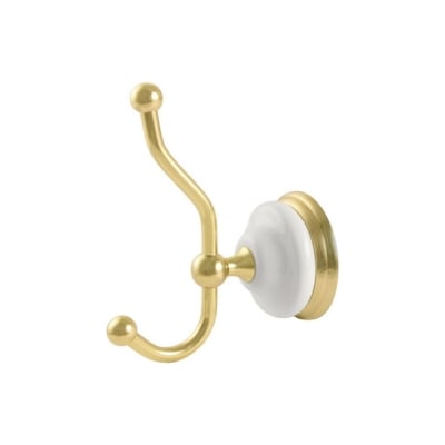 A double brass hook against a white background.