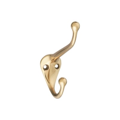 A double brass hook against a white background.