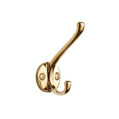 A double brass hook against a white background.