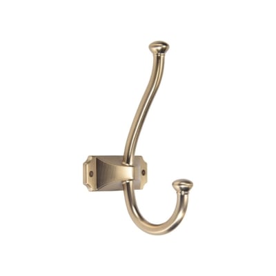 A double brass hook against a white background.