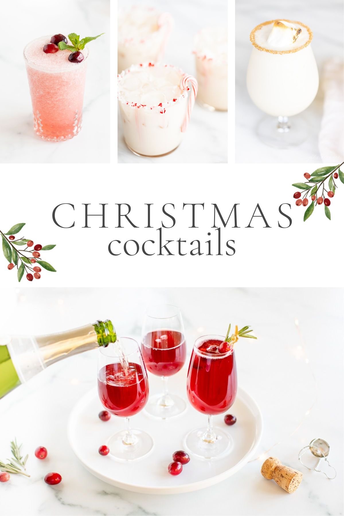 A graphic image featuring a variety of pink, red and white drinks, title reads "christmas cocktails"