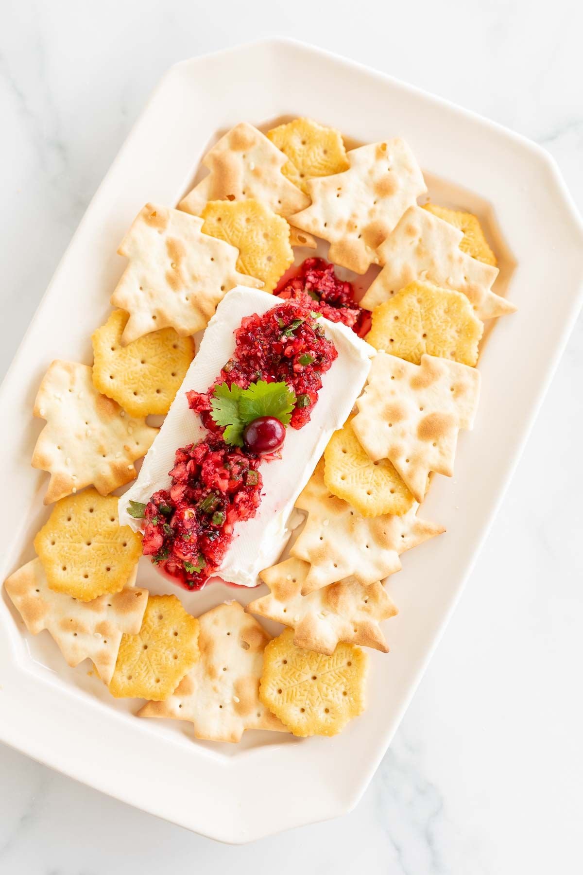 A platter of crackers surrounding cranberry salsa on a block of cream cheese