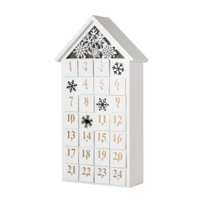 A white wooden advent calendar adorned with delicate snowflakes.