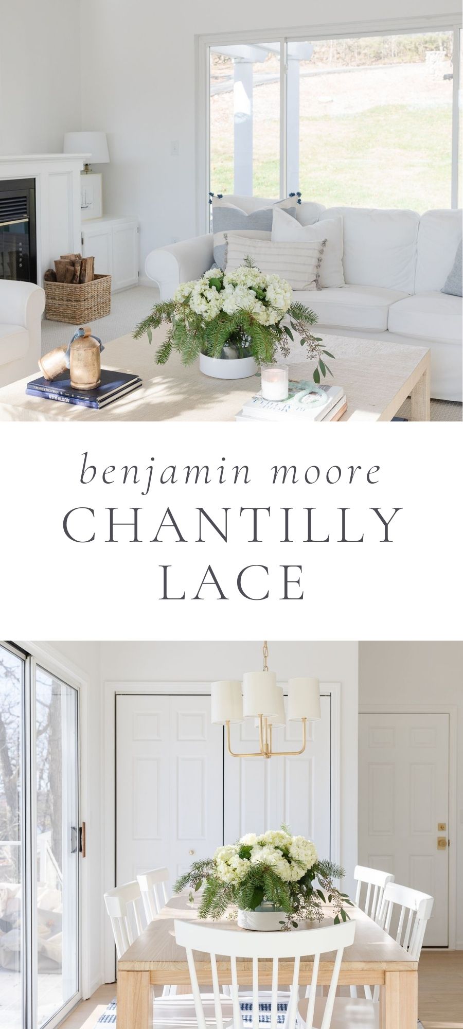 living room and kitchen dining with Benjamin Moore Chantilly Lace painted on the walls