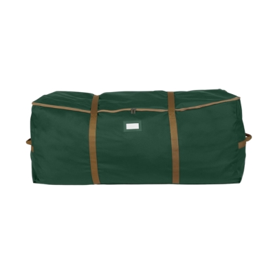 A green duffel bag perfect for Christmas storage, featuring brown straps.