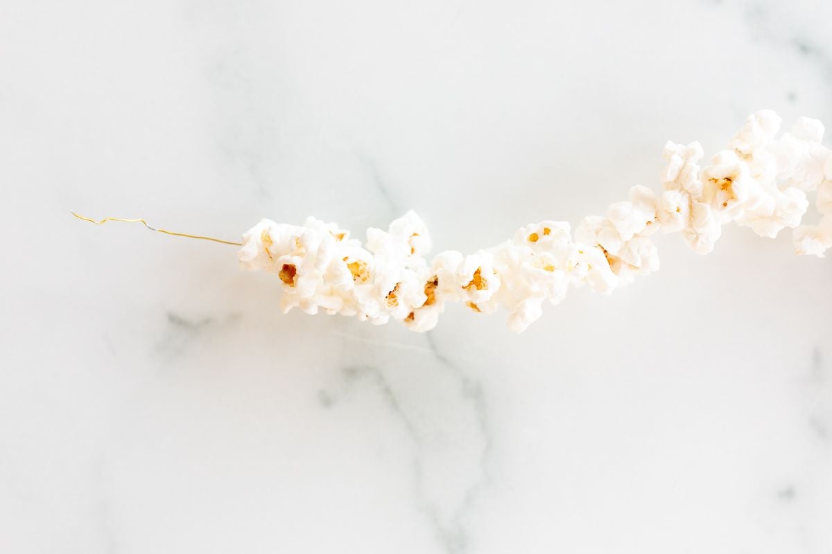A popcorn string on a white marble surface.