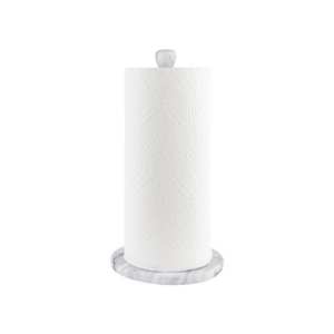 A white paper towel holder sits on a white background, showcasing perfect kitchen counter organization.