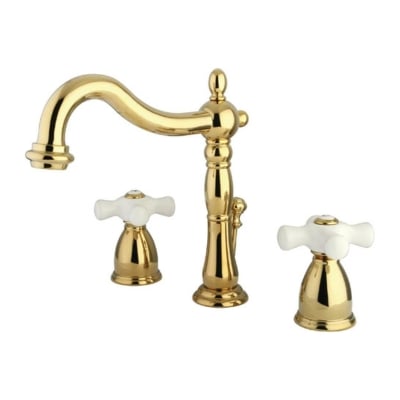 A bathroom faucet with two handles and a brass finish.