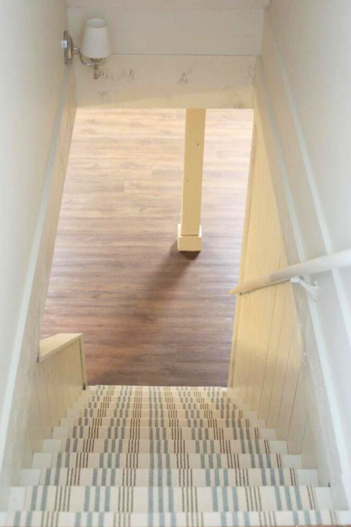 A diy stair runner in a blue and neutral stripe.