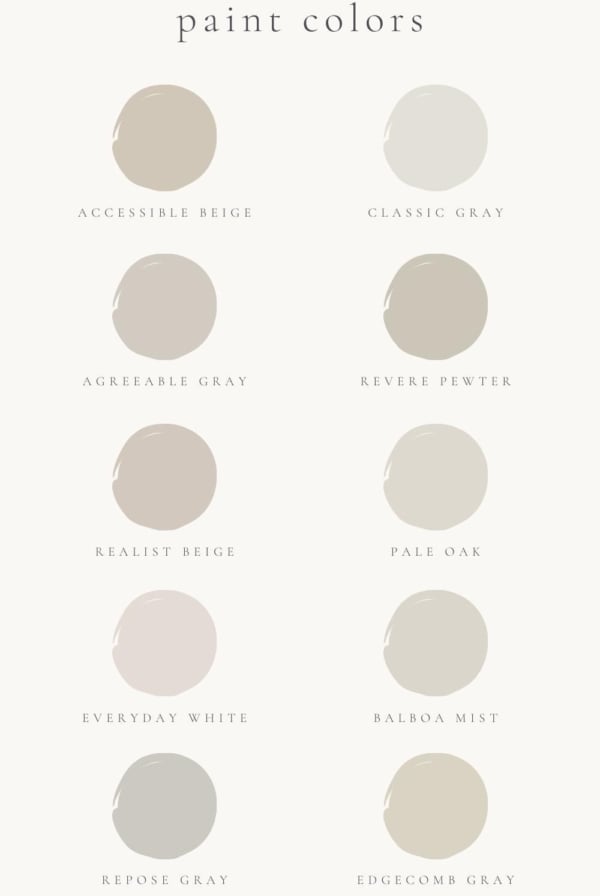 A graphic featuring 10 greige paint colors from lifestylegleam.com