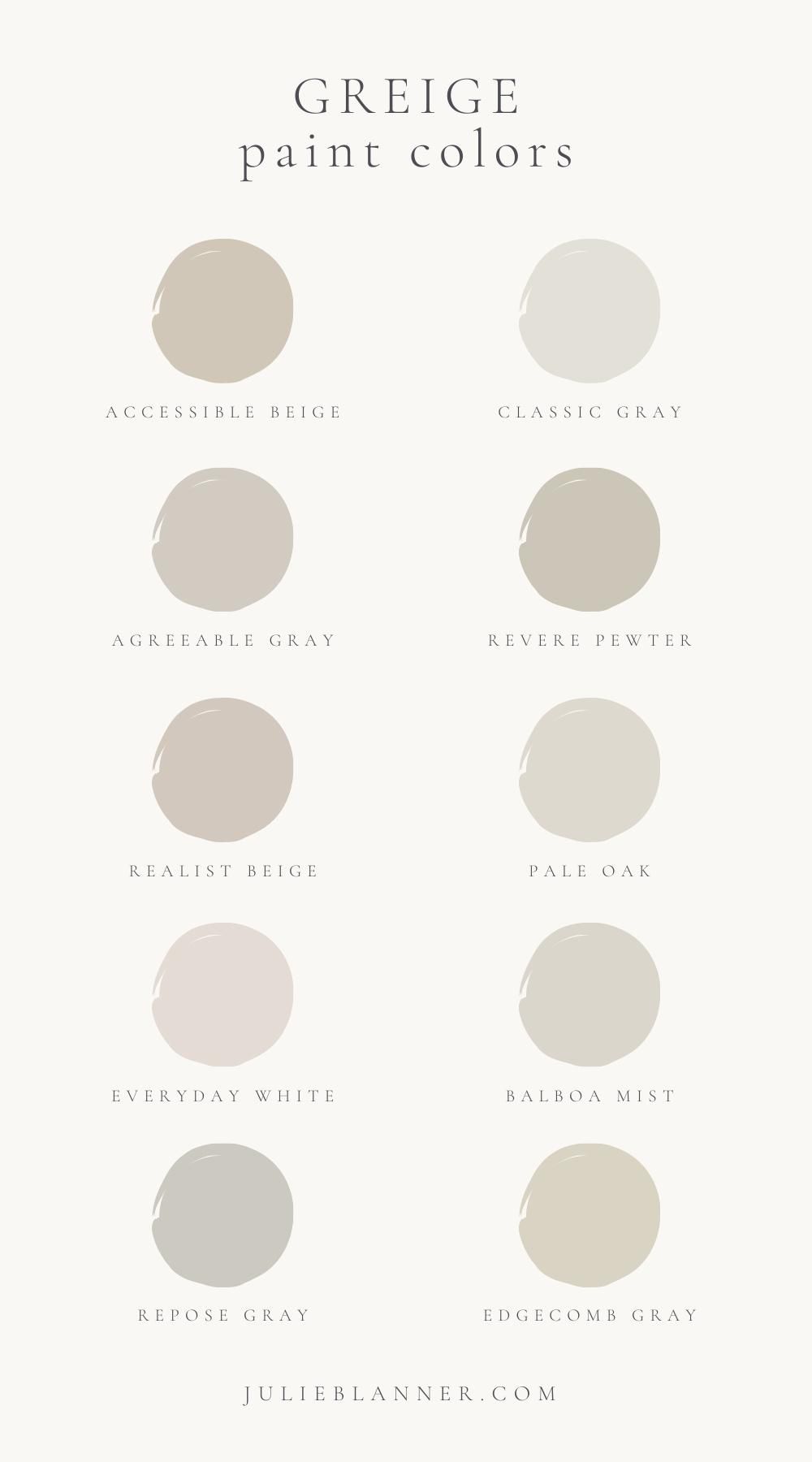 A graphic featuring 10 greige paint colors from lifestylegleam.com