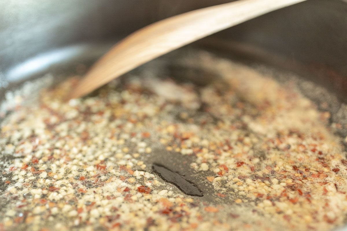 Garlic, red pepper flakes and butter in a cast iron pan