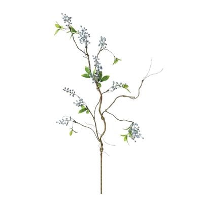 A faux flower greenery branch on a white background.