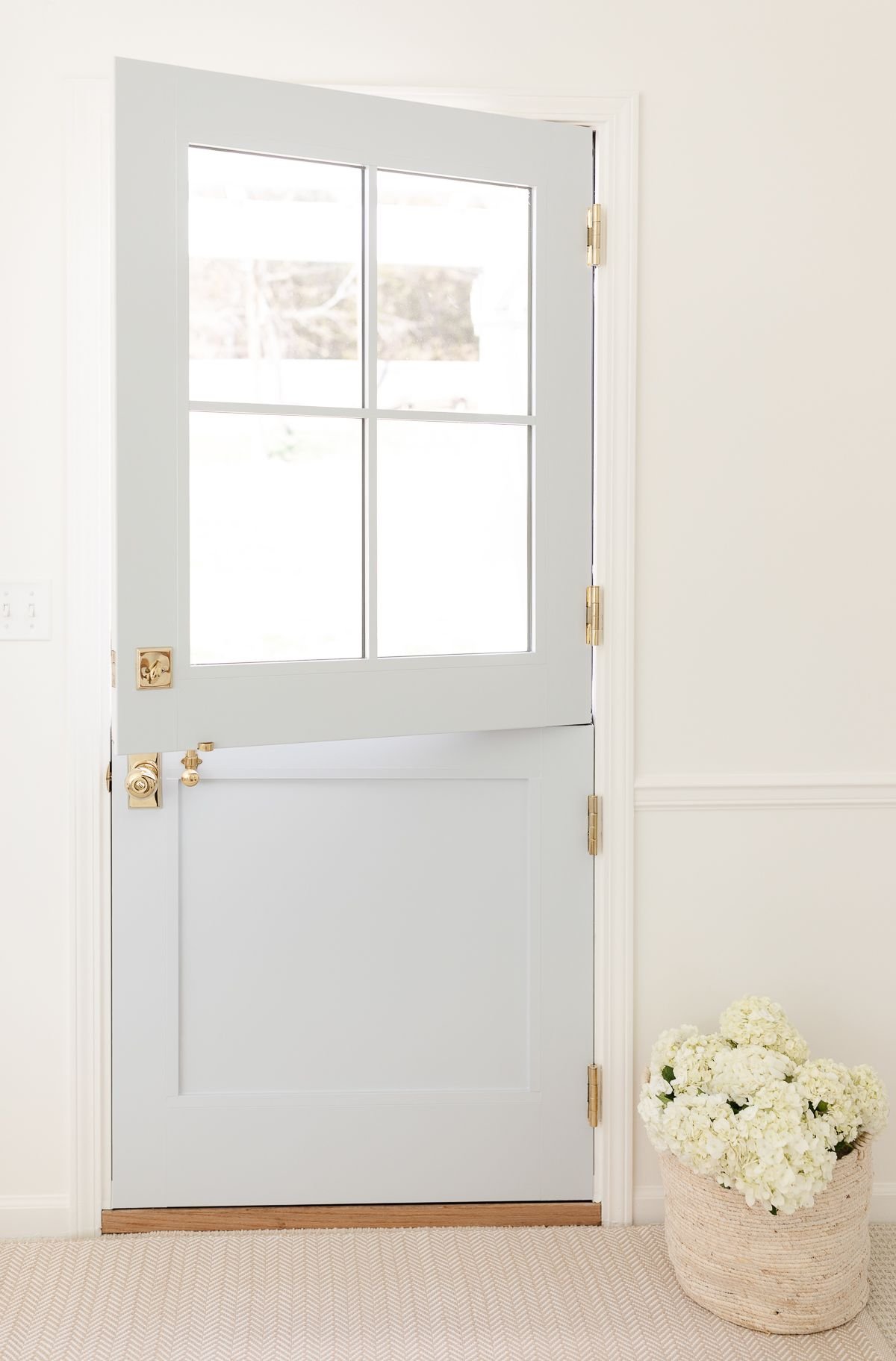 A dutch door painted in Benjamin Moore Silver Gray