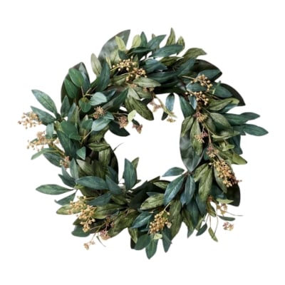 A year-round wreath with green leaves and berries on a white background, perfect for front door decoration.