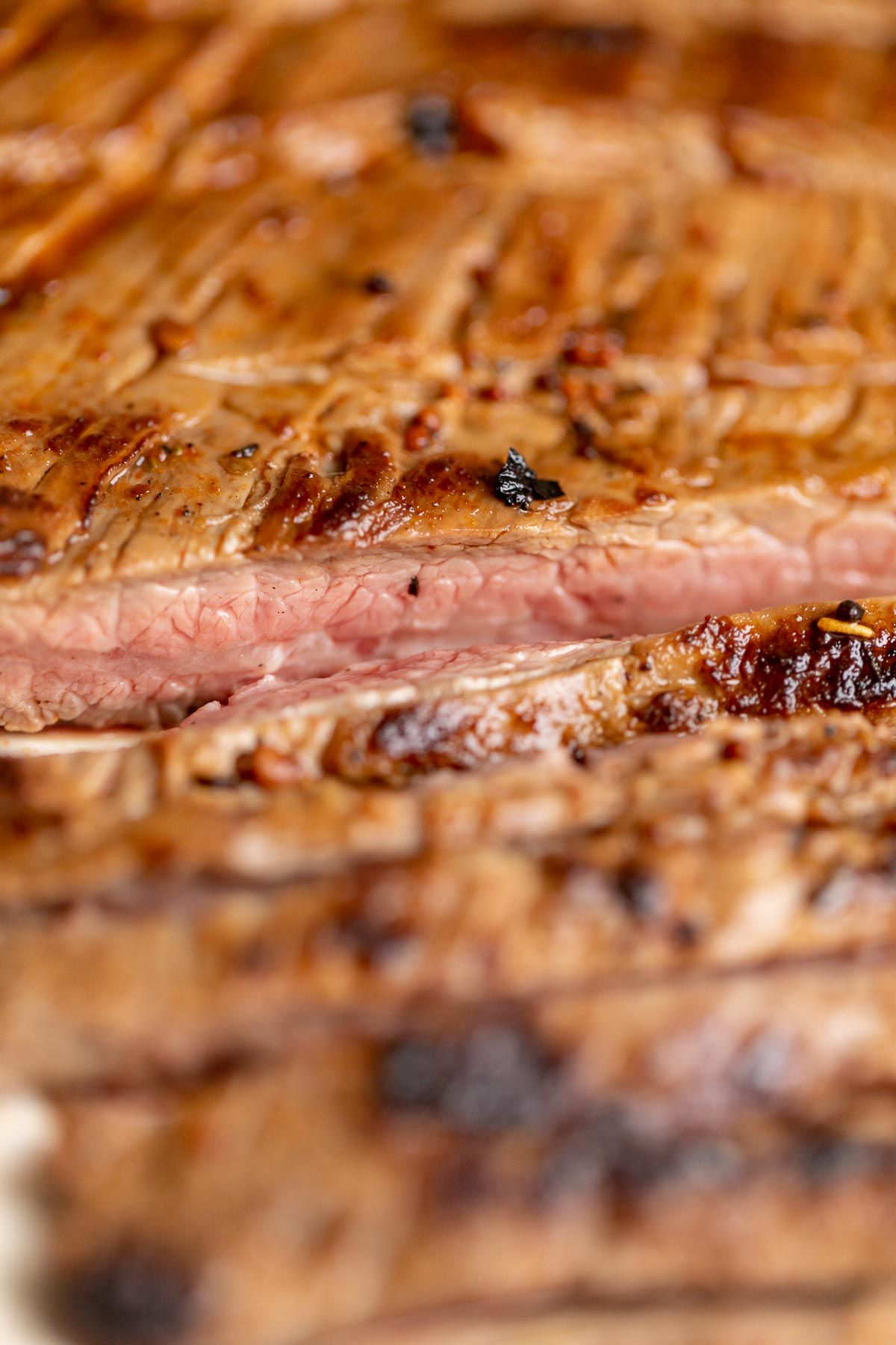 Close up of sliced steak.