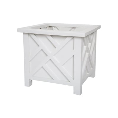 A white trellis square planter