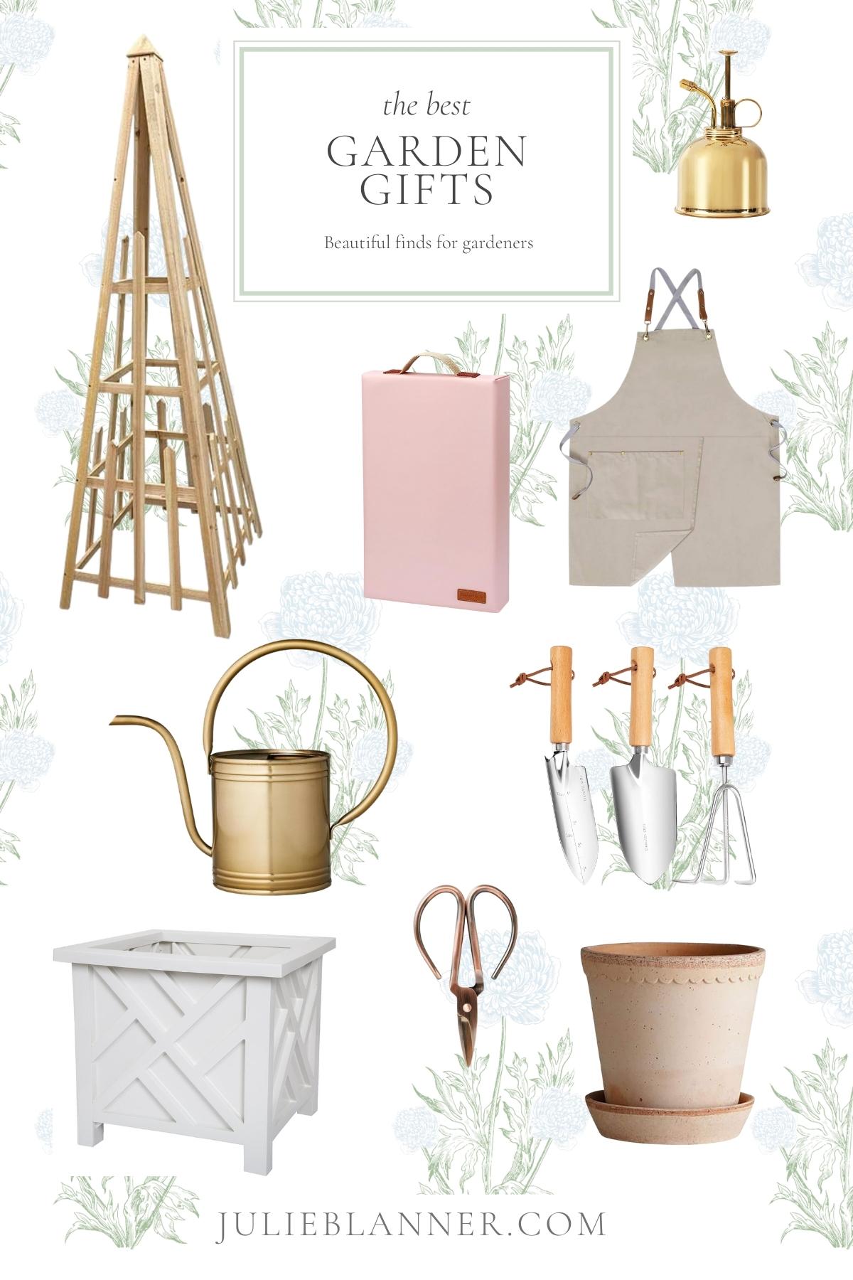 A graphic image featuring a variety of the best garden gifts from www.lifestylegleam.com