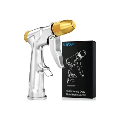 A silver hose nozzle pictured in a guide to the best garden gifts.