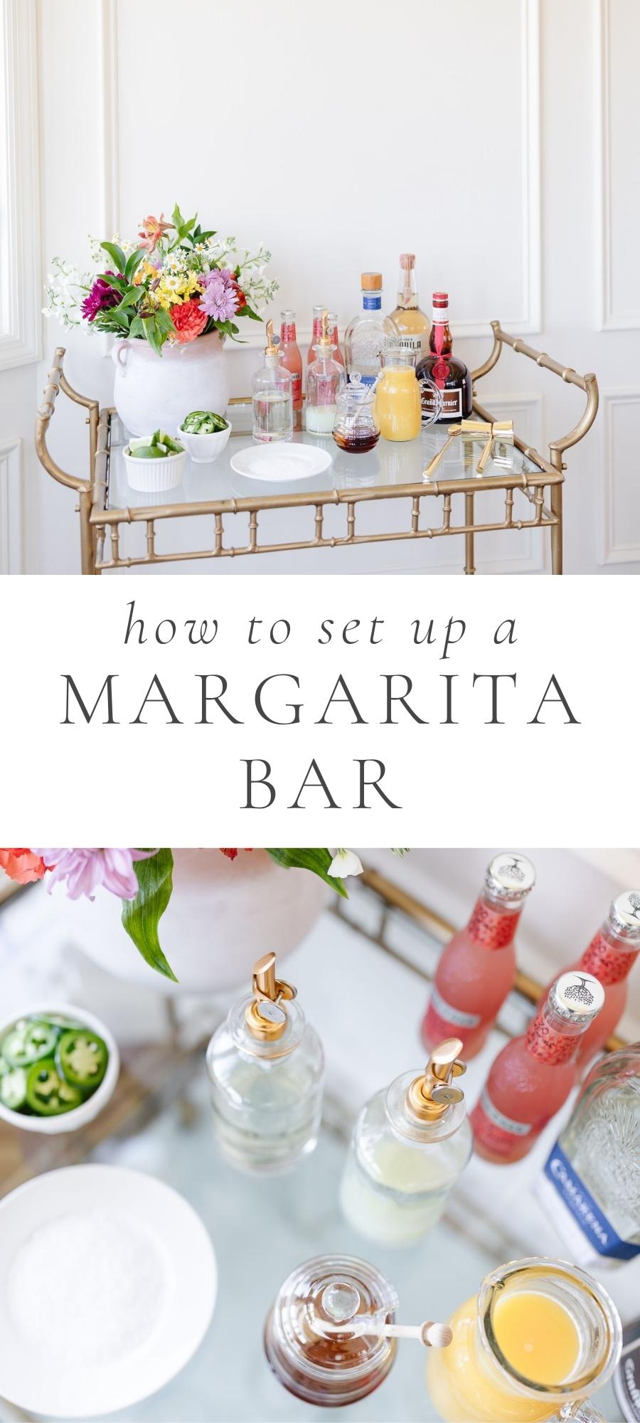bar with alcohol glasses limes and flowers on cart