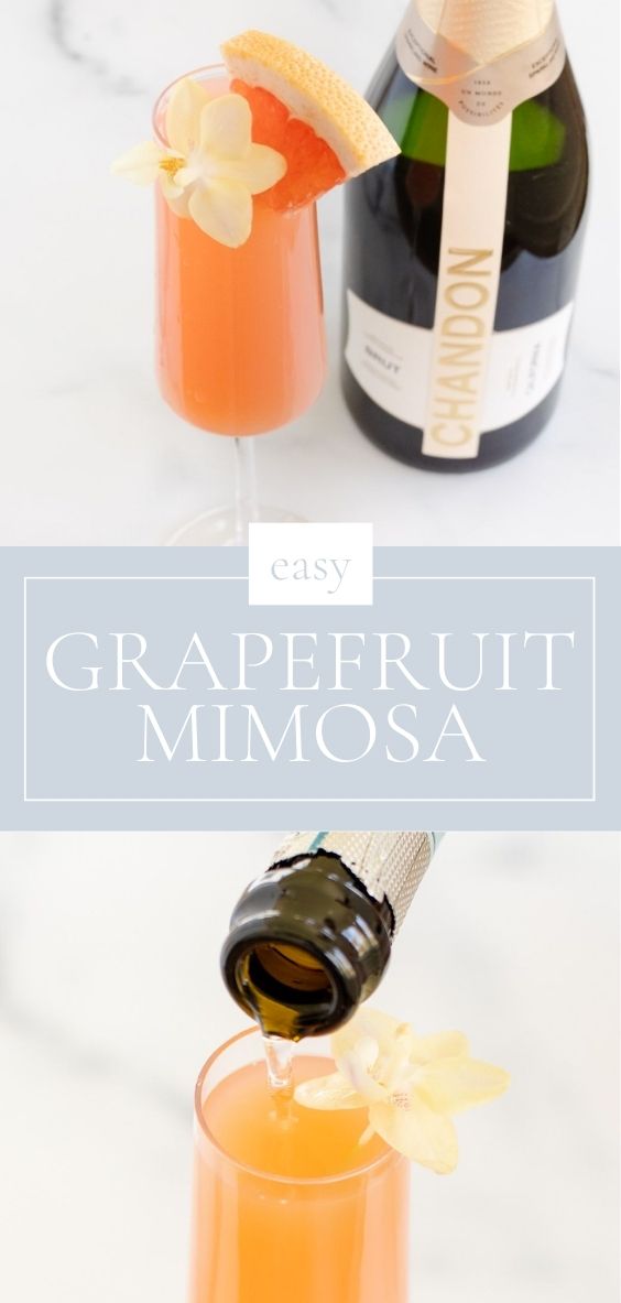 grapefruit mimosas in glasses with flower decoration on table