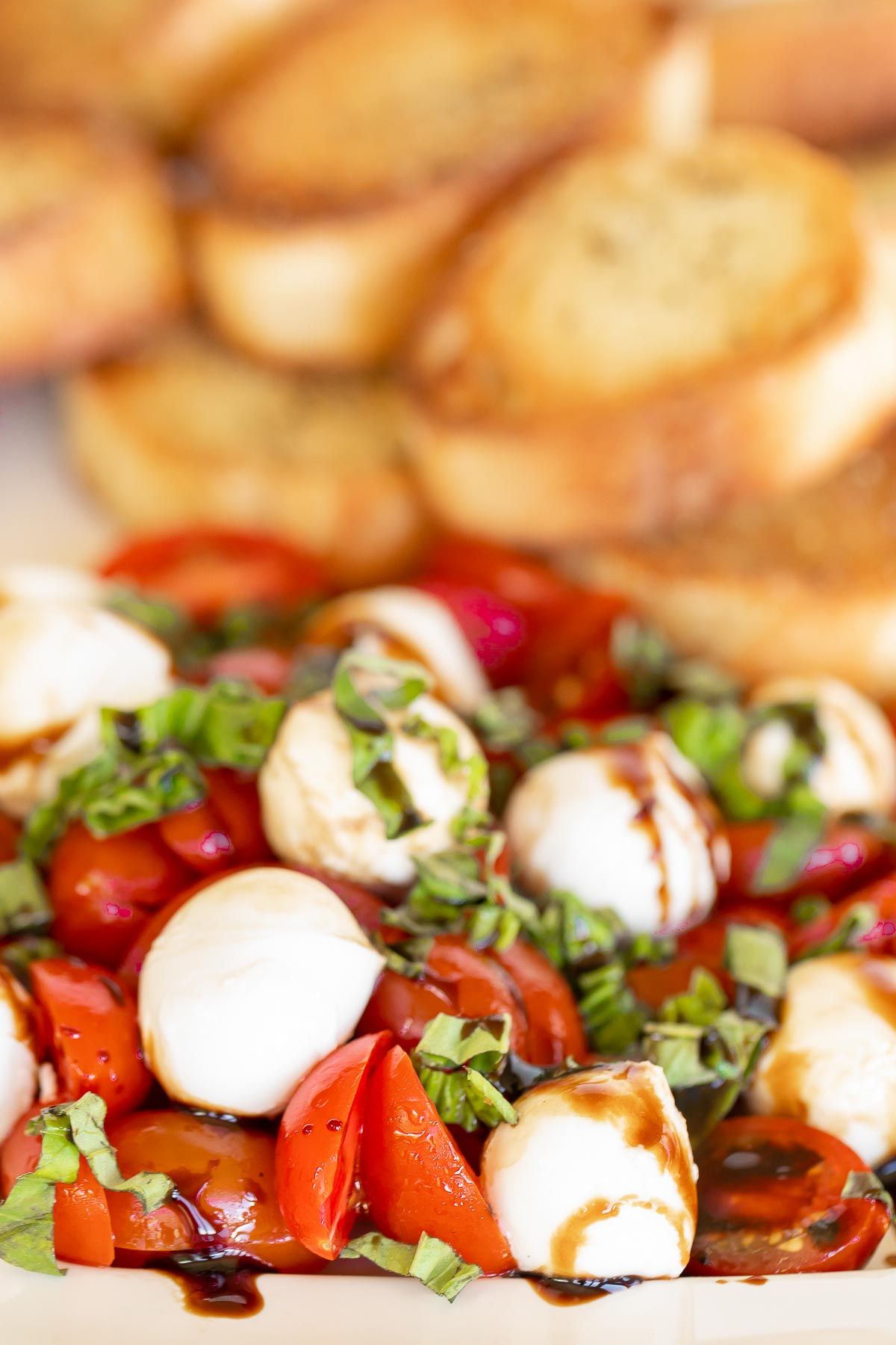 Bruschetta Mozzarella on a white platter