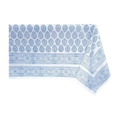 a blue and white table cloth