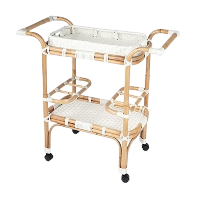 A white and natural woven rattan bar cart