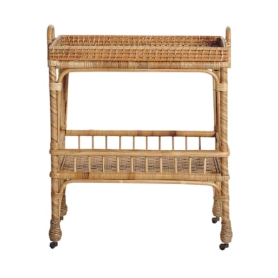 a rattan bar cart