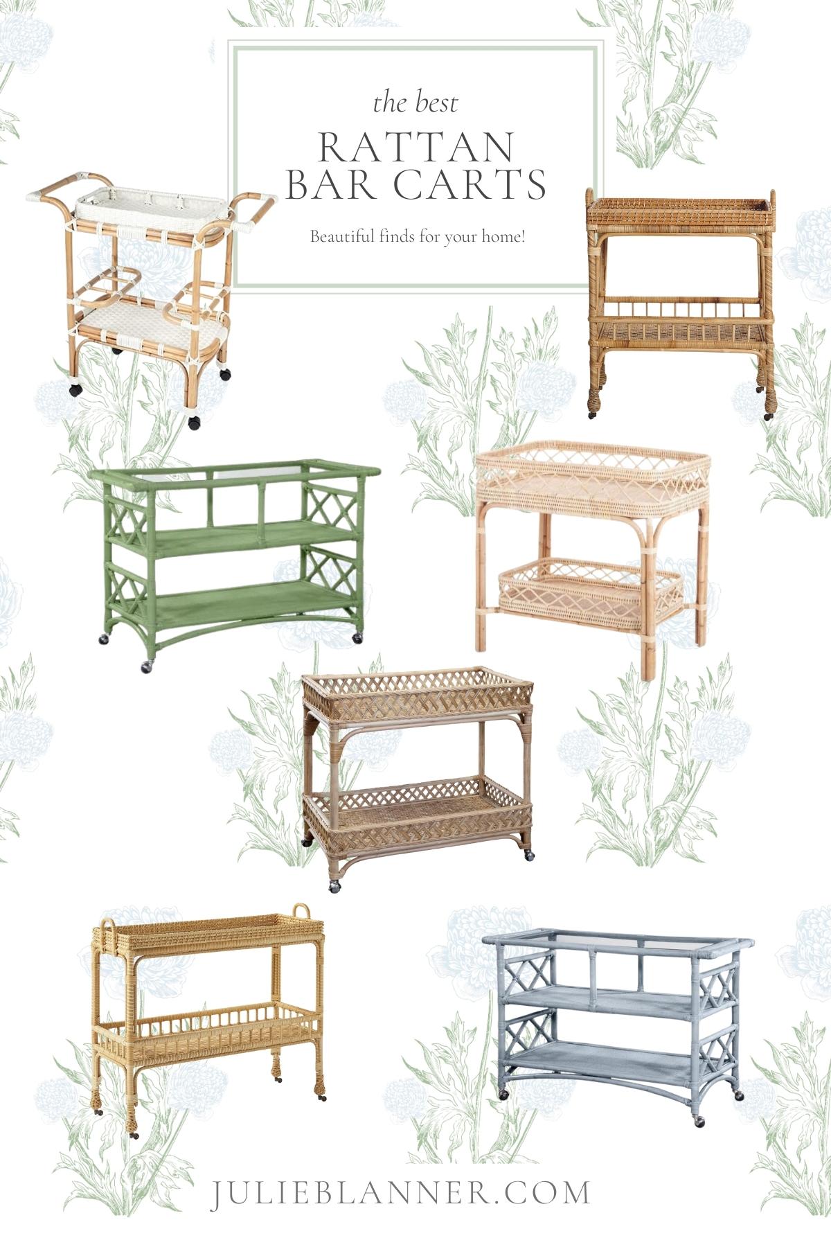 A graphic with the headline of "best rattan bar carts" featuring a variety of rattan bar cart images, attributed to www.lifestylegleam.com