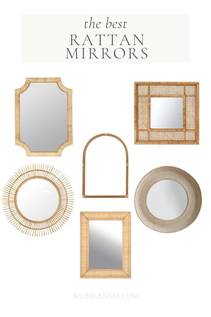 A graphic from lifestylegleam.com with the title of "the best rattan mirrors" and individual images of 6 mirrors