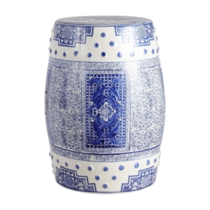 A blue and white ceramic stool for the garden.