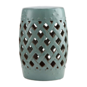 A blue ceramic stool with a lattice design, perfect for your garden.