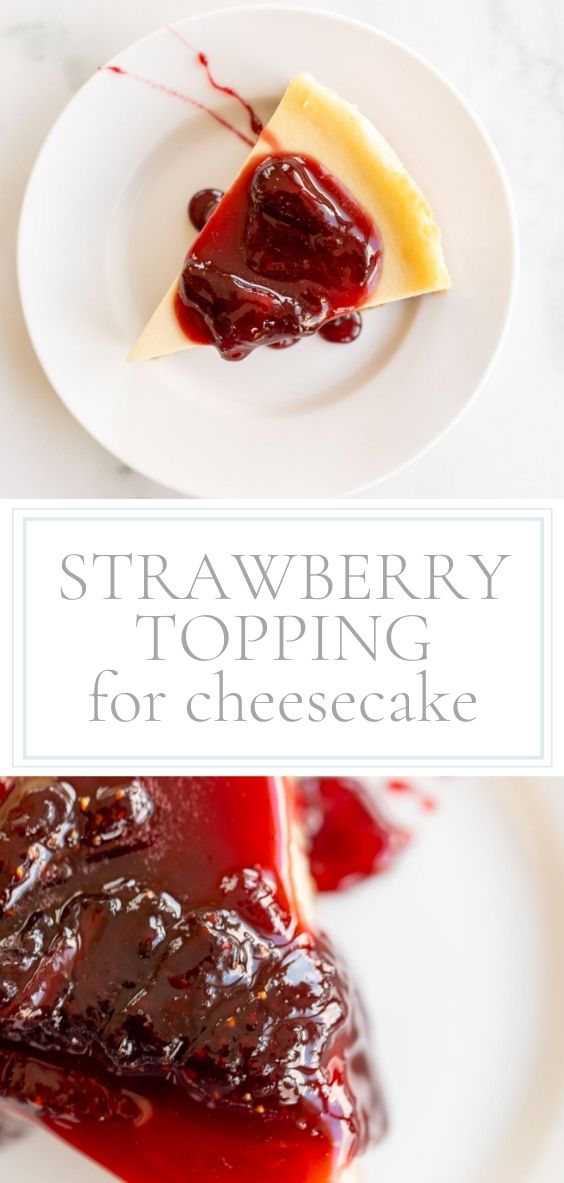 On a marble counter top, there is a white plate holding a slice of cheesecake topped with a strawberry topping.