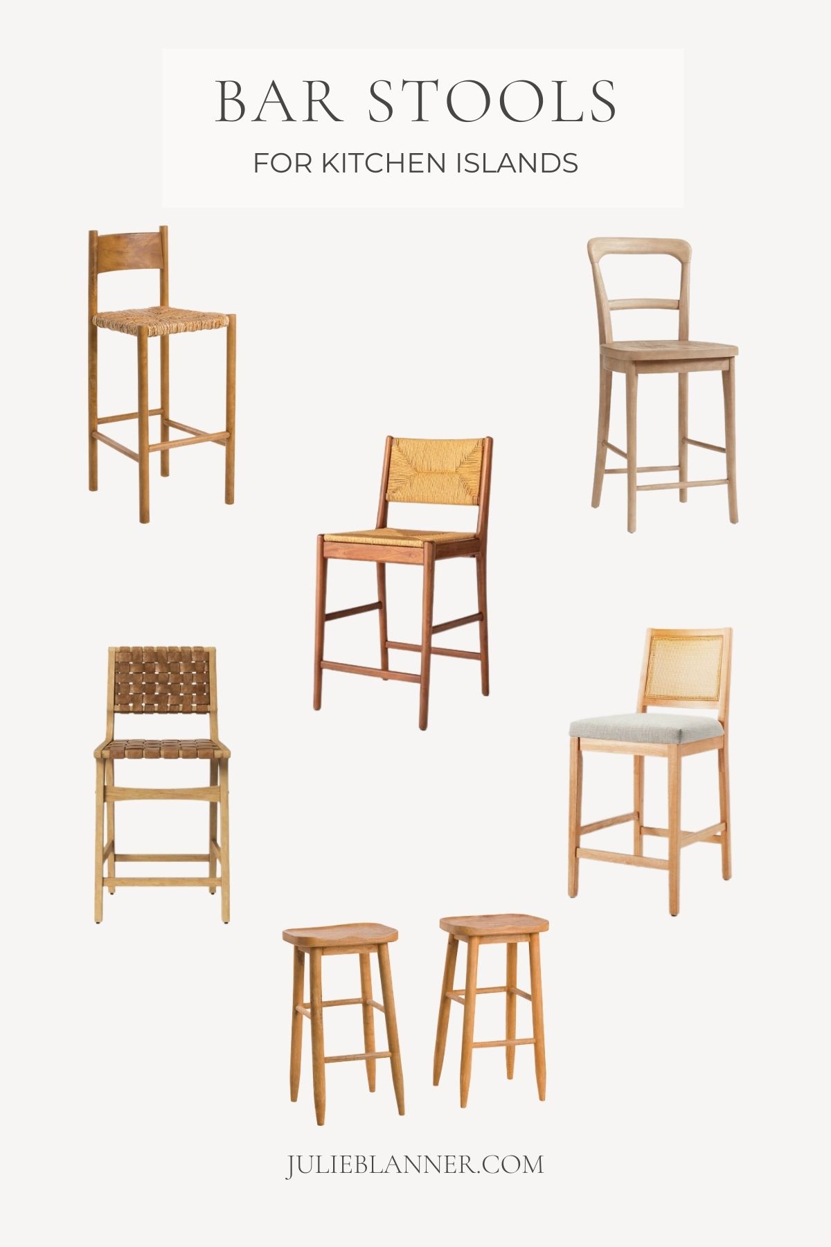 A graphic from lifestylegleam.com titled "bar stools for kitchen islands" with images of a variety of wooden bar stools
