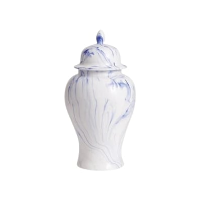 a blue and white marbled ginger jar