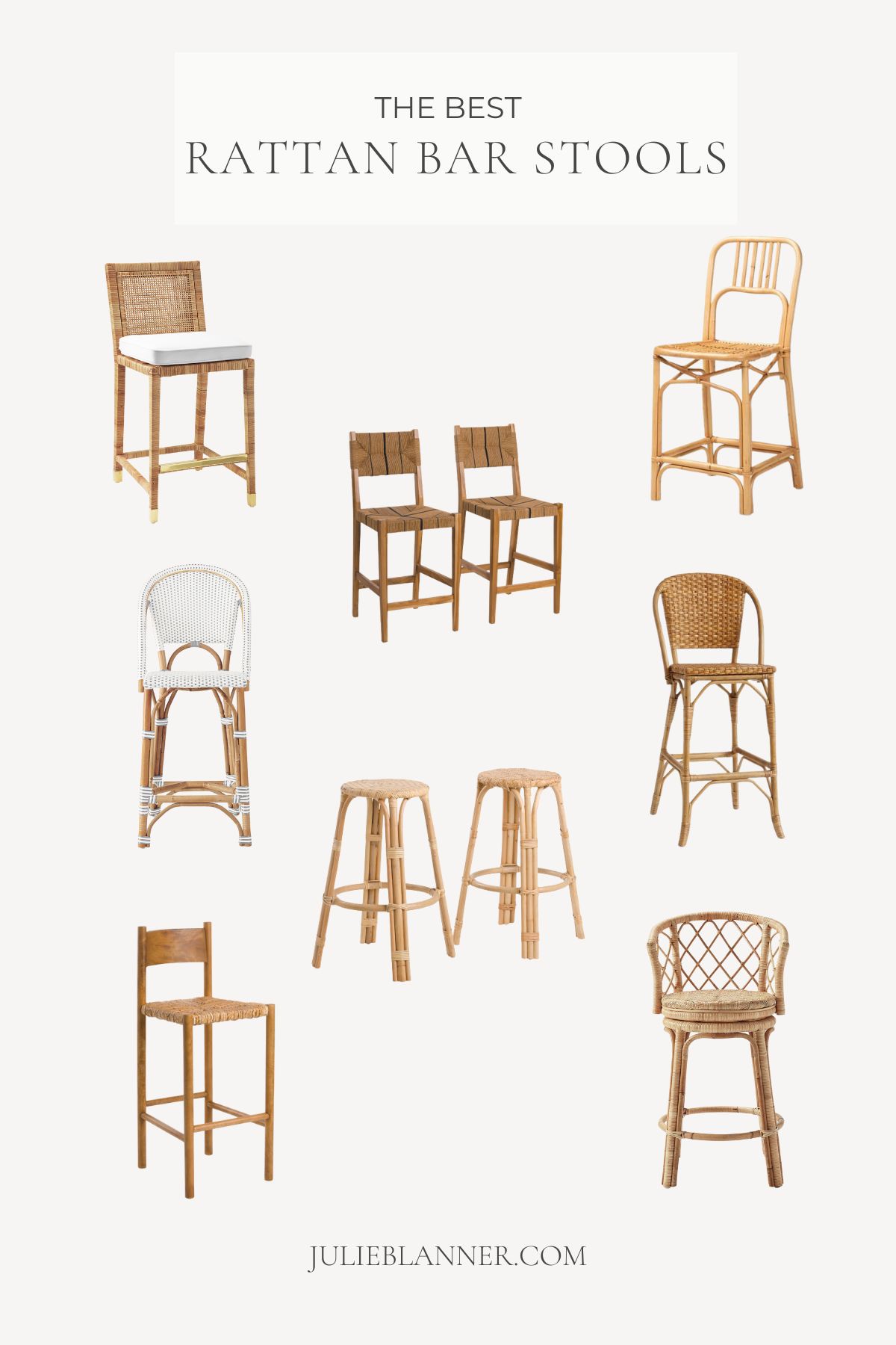 A graphic featuring a variety of rattan bar stools. Title reads "the best rattan bar stools" and the image is attributed to www.lifestylegleam.com across the bottom.